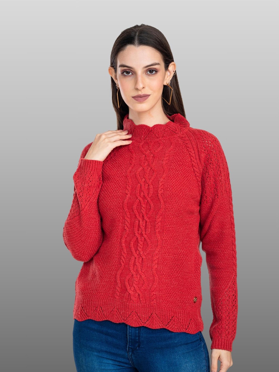 

Moda Elementi Self Design Round Neck Pullover, Red