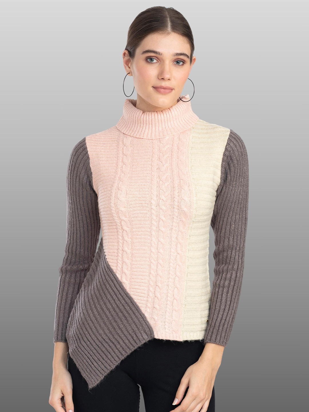 

Moda Elementi Cable Knit Self Design Turtle Neck Pullover Sweater, Pink