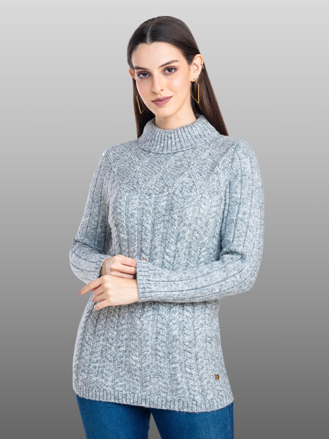 

Moda Elementi Geometric Self Design Turtle Neck Pullover Sweater, Grey melange