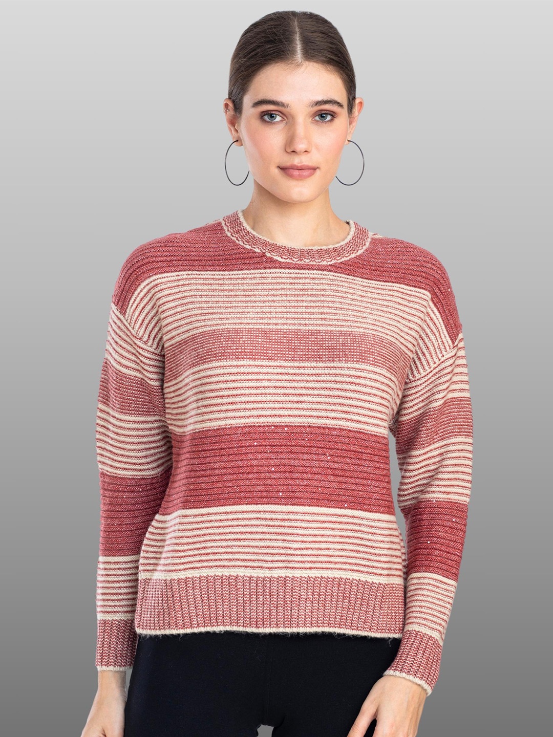 

Moda Elementi Cable Knit Self Design Pullover Sweater, Red