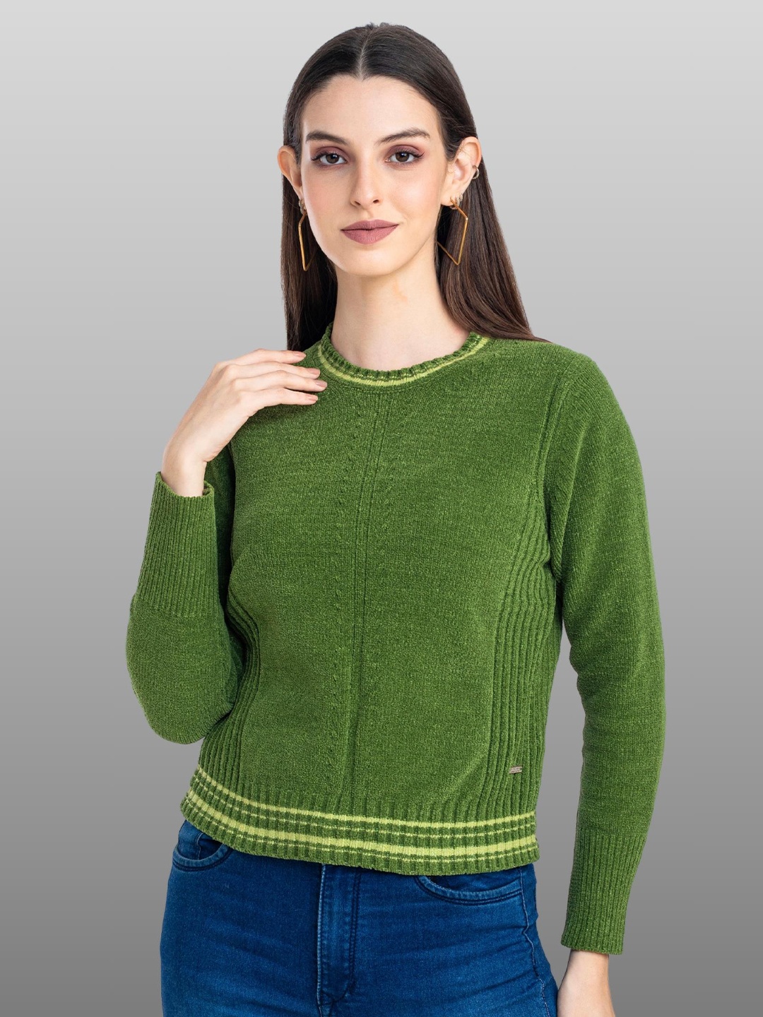 

Moda Elementi Self Design Cable Knit Round Neck Long Sleeve Woollen Pullover Sweater, Green