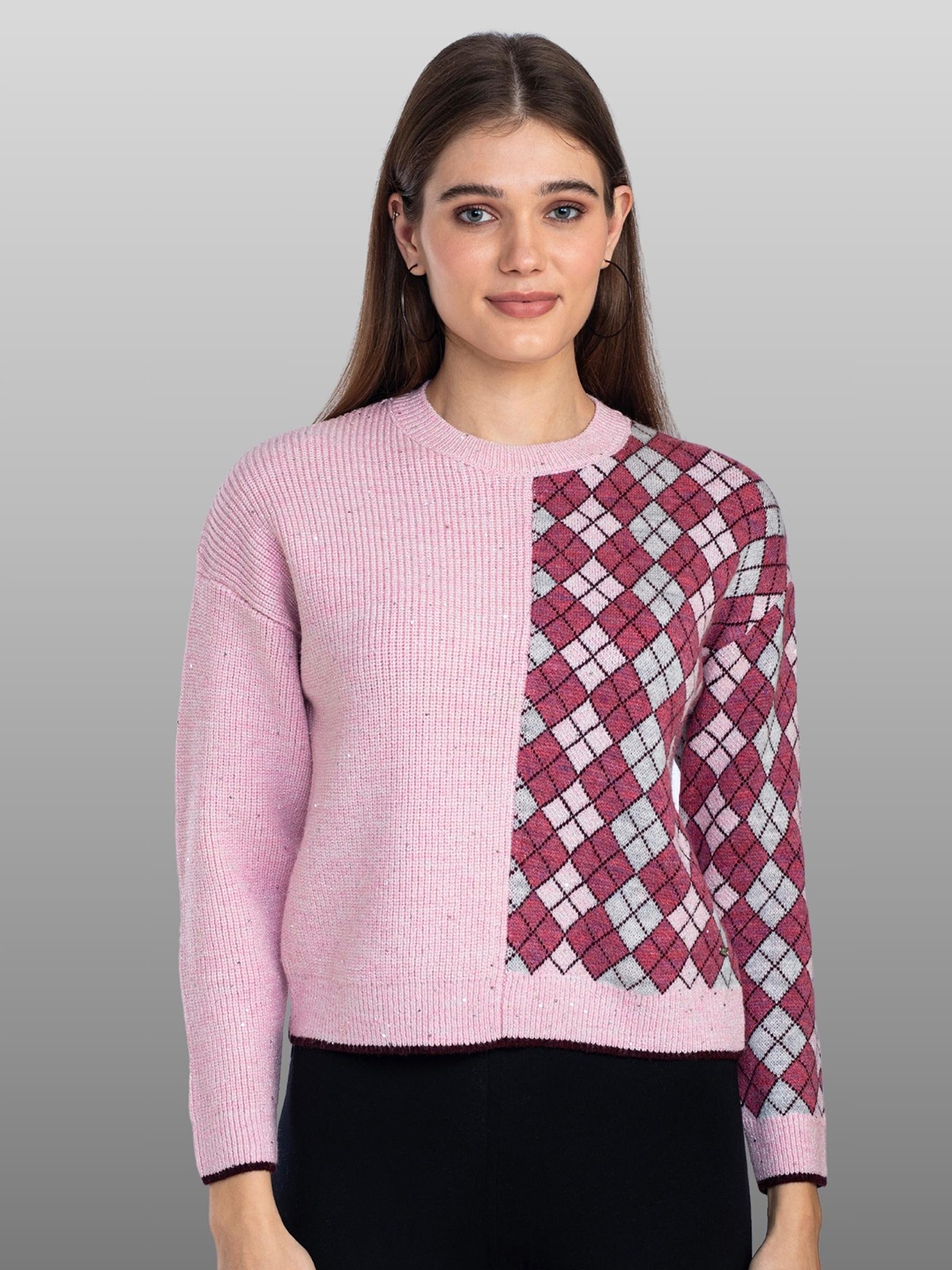 

Moda Elementi Self Design Geometric Long Sleeve Woollen Pullover Sweater, Pink