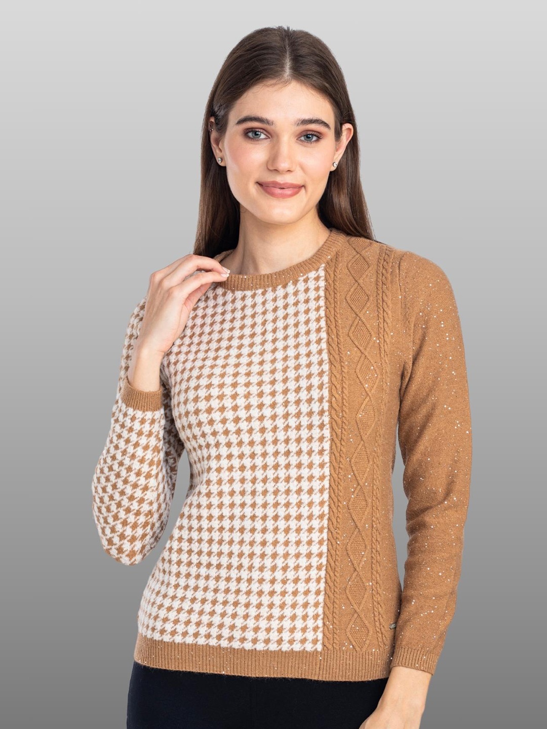 

Moda Elementi Geometric Self Design Long Sleeve Pullover Woollen Sweater, Beige