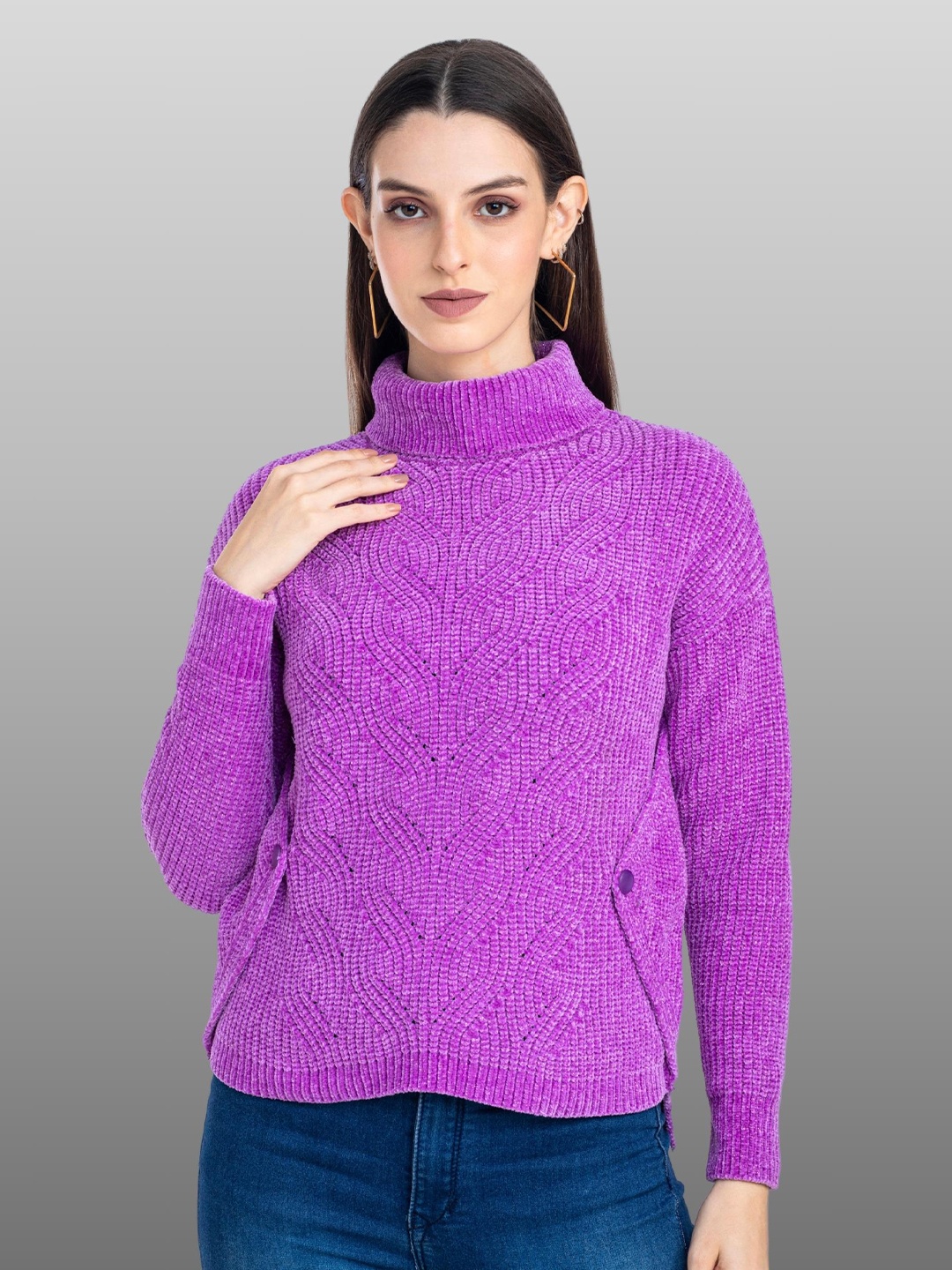 

Moda Elementi Self Design Cable Knit Turtle Neck Long Sleeve Woollen Pullover Sweater, Lavender