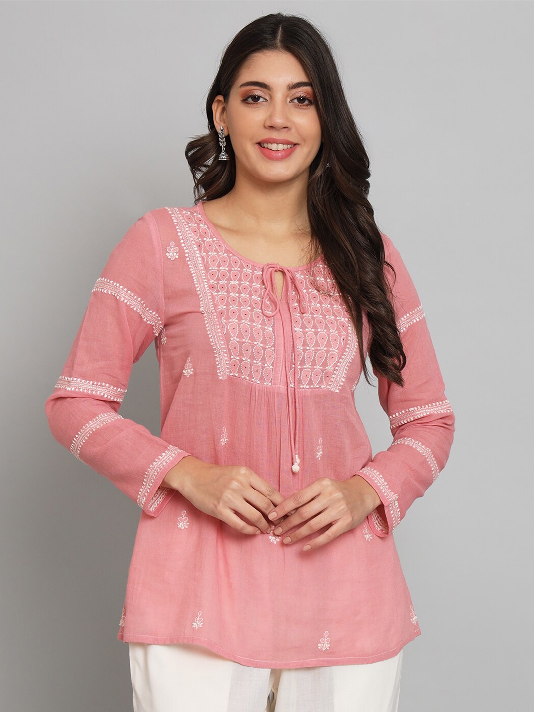 

akheri Ethnic Motifs Embroidered Tie-Up Neck Chikankari Pure Cotton Top, Pink