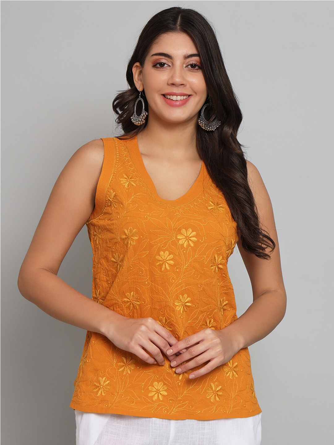 

akheri Ethnic Motifs Embroidered V-Neck Chikankari Pure Cotton Top, Orange