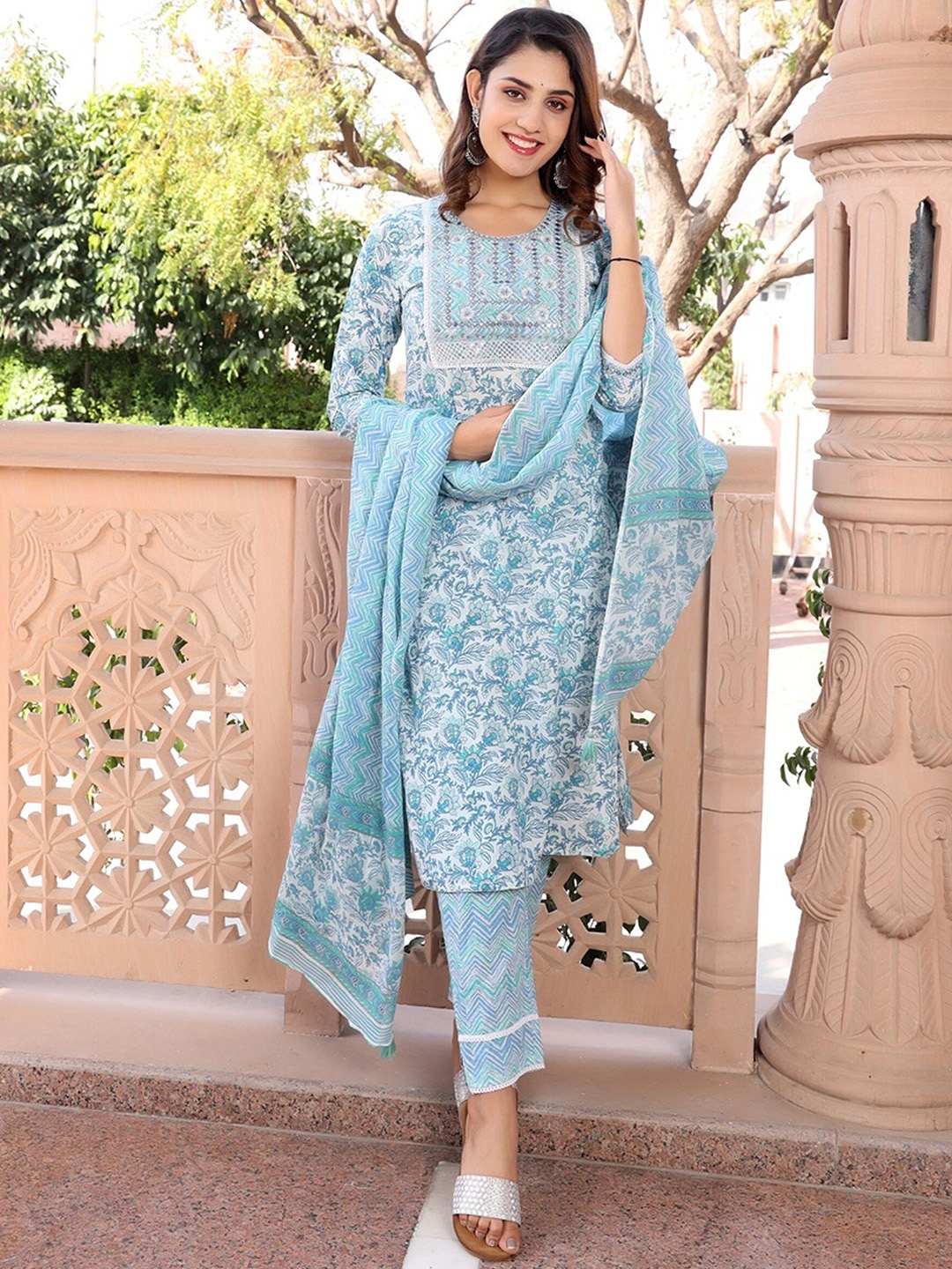 

AARYAHI Floral Printed Mirror Work Pure Cotton Kurta With Trousers & Dupatta, Blue