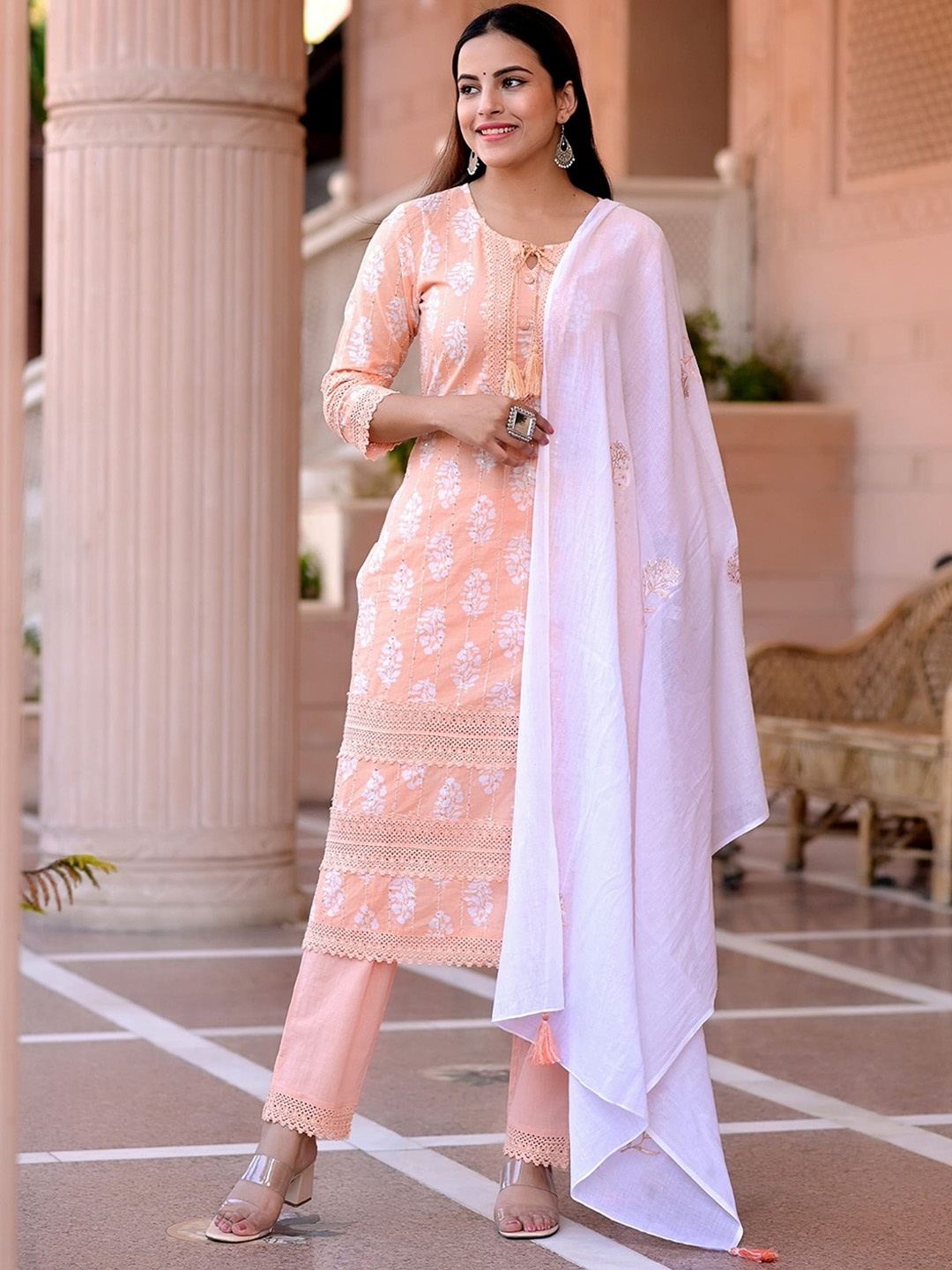 

AARYAHI Ethnic Motifs Printed Sequinned Pure Cotton Kurta With Trousers & Dupatta, Orange
