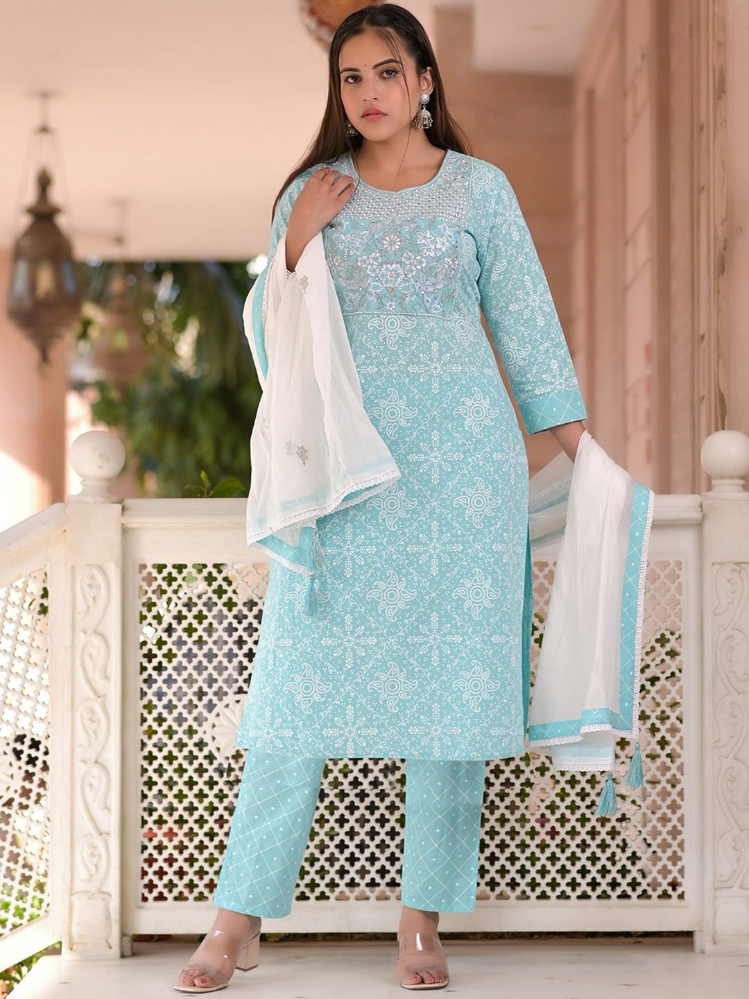 

AARYAHI Ethnic Motifs Printed Pure Cotton Kurta & Trousers With Dupatta, Blue