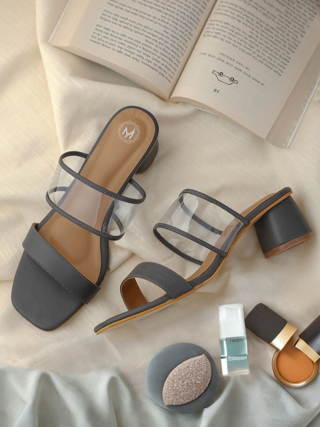 

Myra Double Straps Open Toe Block Heels, Grey