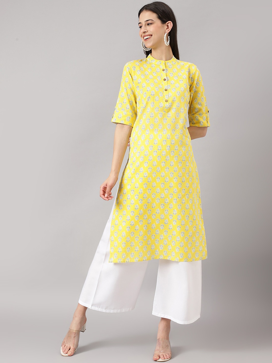 

KALINI Ethnic Motifs Printed Band Collar Kantha Work Cotton Straight Kurta, Yellow