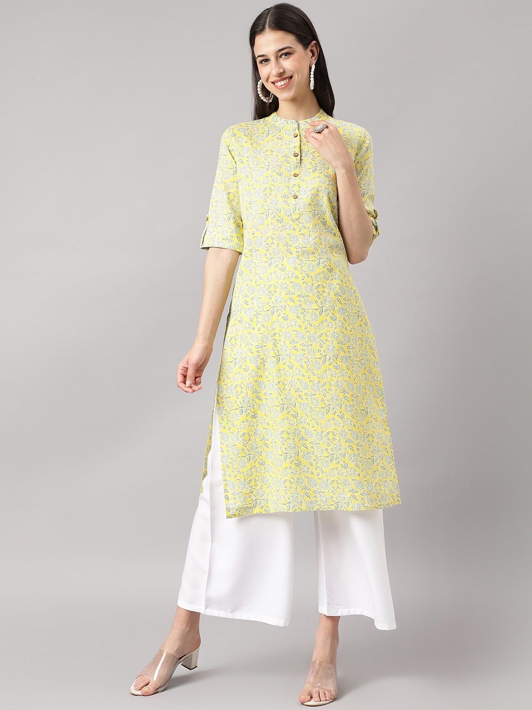 

KALINI Floral Printed Band Collar Kantha Work Cotton Straight Kurta, Yellow