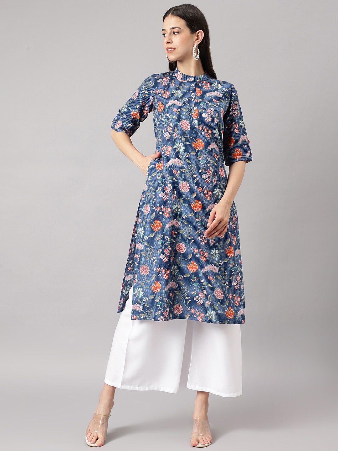 

KALINI Floral Printed Band Collar Kantha Work Cotton Straight Kurta, Blue