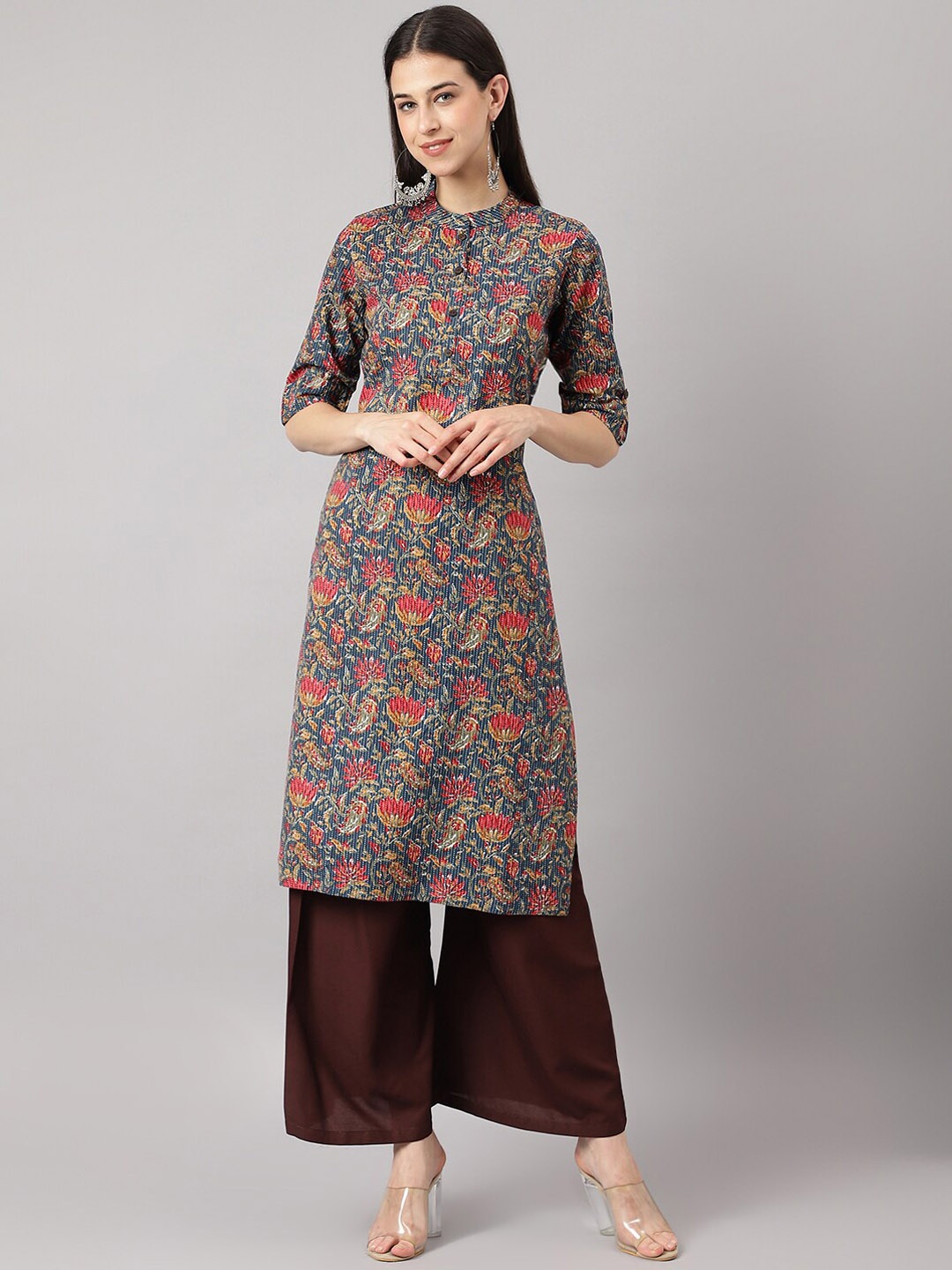 

KALINI Floral Printed Mandarin Collar Roll-Up Sleeves Cotton Straight Kurta, Blue