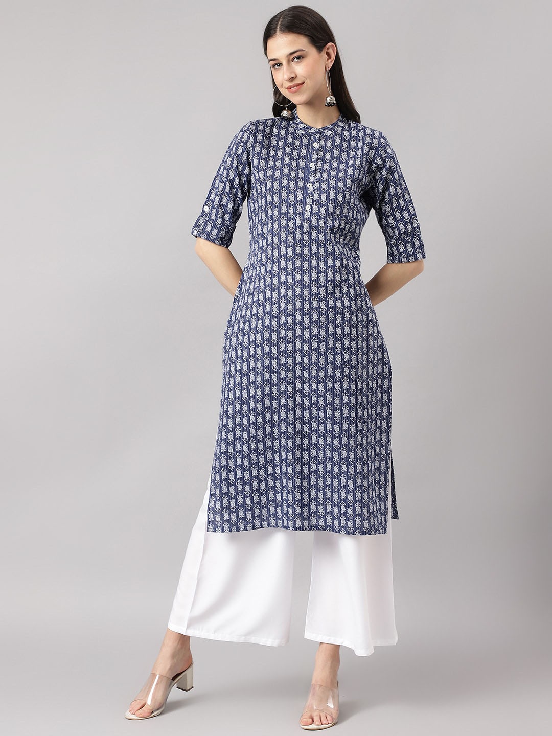 

KALINI Printed Band Collar Kantha Work Cotton Straight Kurta, Navy blue