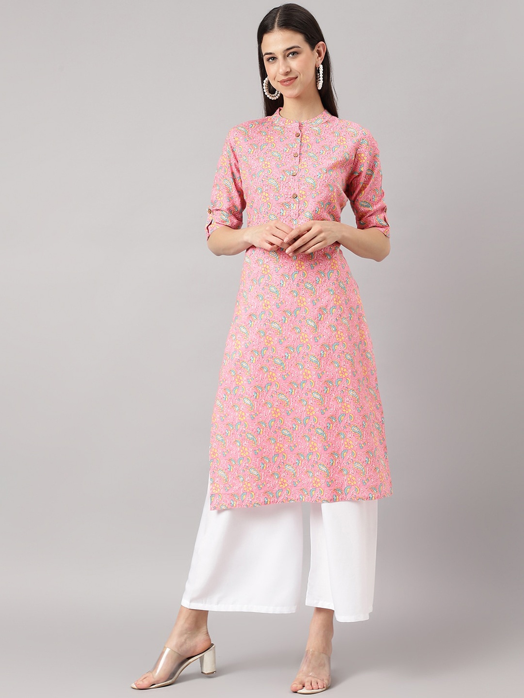

KALINI Paisley Printed Band Collar Roll-Up Sleeves Cotton Straight Kurta, Pink