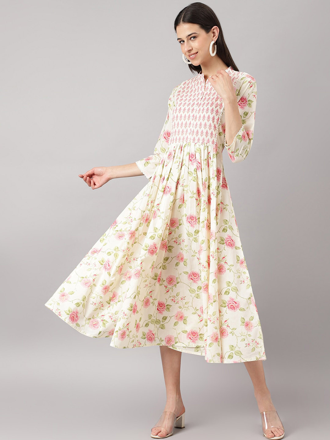 

KALINI Floral Printed Mandarin Collar Gathered Cotton Fit and Flare Midi Ethnic Dress, Cream