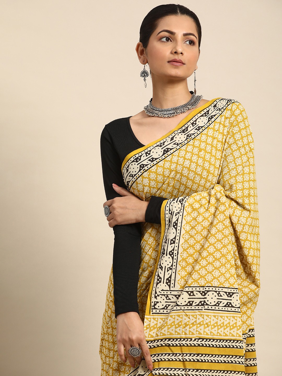 

Taavi Ethnic Motifs Pure Cotton Fusion Block Print Saree, Yellow