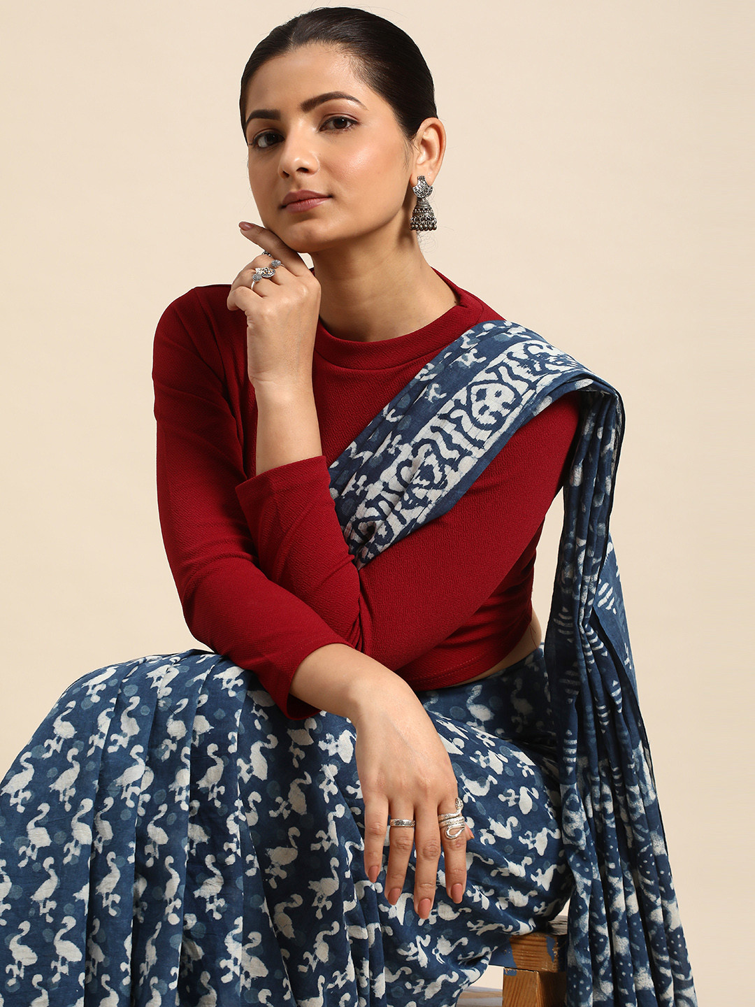

Taavi Ethnic Motifs Pure Cotton Fusion Block Print Saree, Navy blue