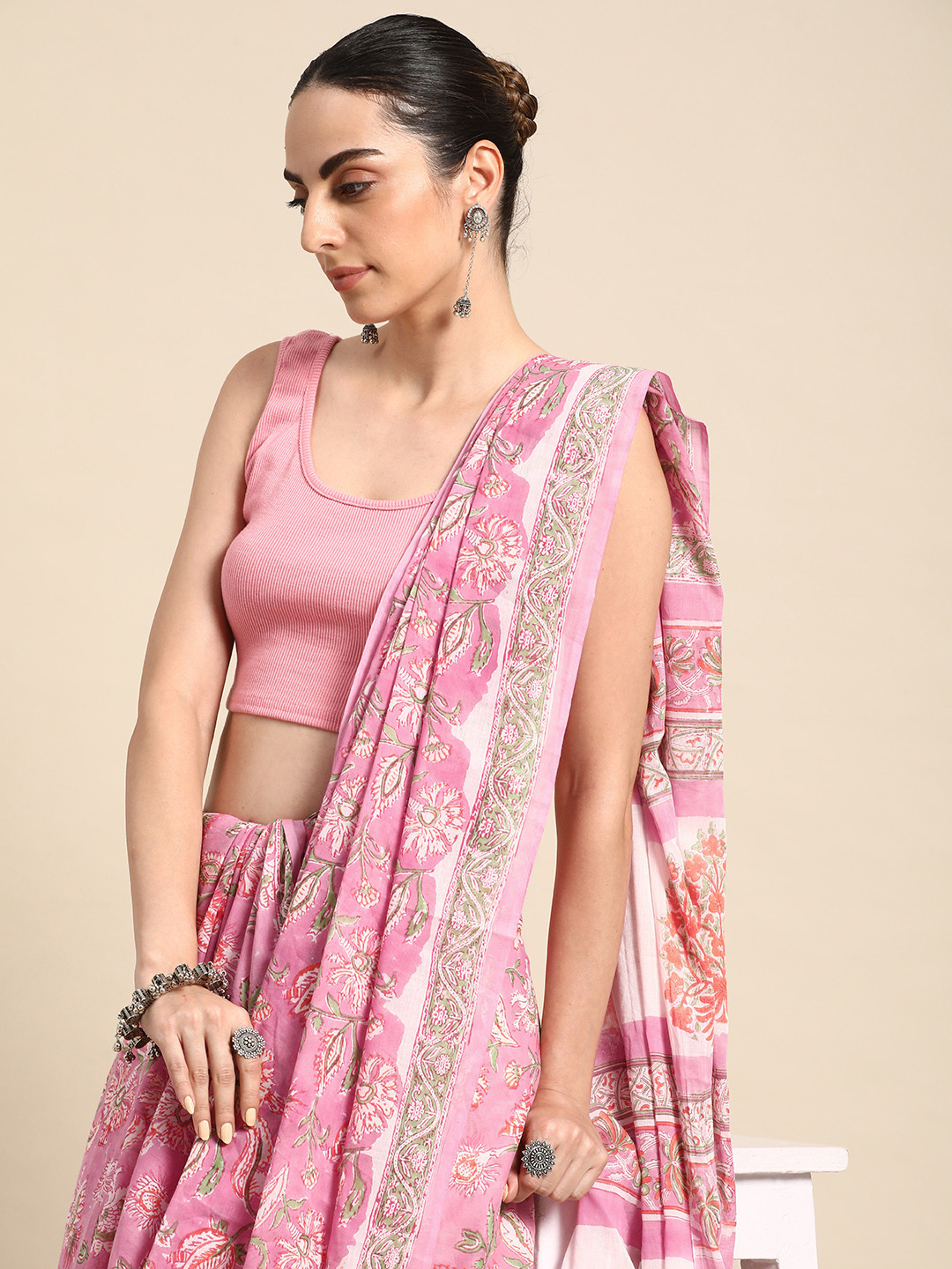 

Taavi Printed Pure Cotton Block Print Saree, Pink
