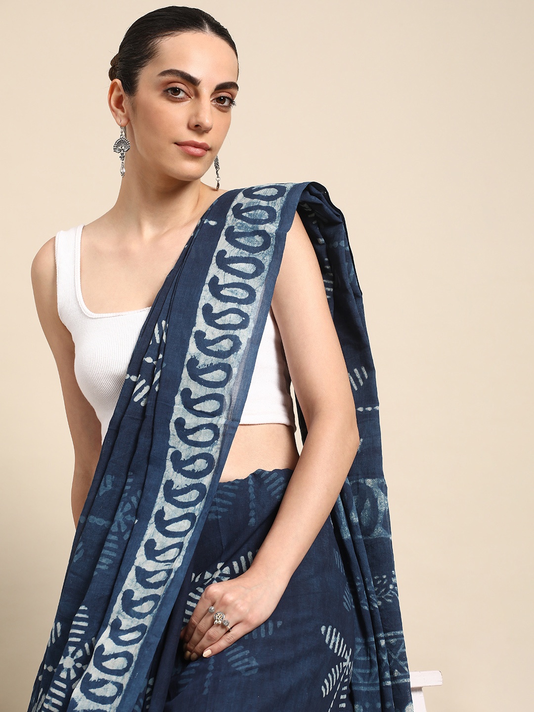 

Taavi Abstract Printed Pure Cotton Block Print Saree, Navy blue