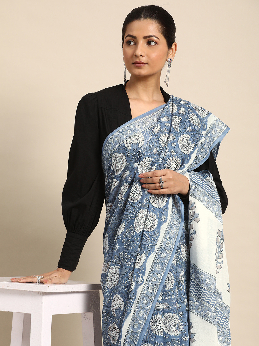 

Taavi Kalamkari Pure Cotton Fusion Block Print Saree, Blue