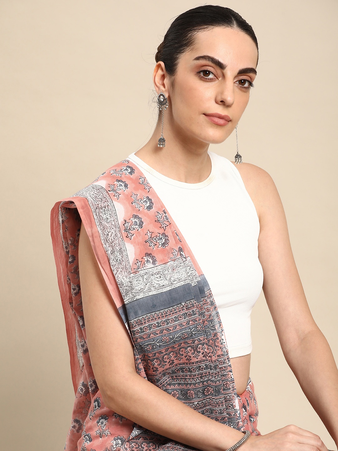 

Taavi Printed Pure Cotton Block Print Saree, Coral