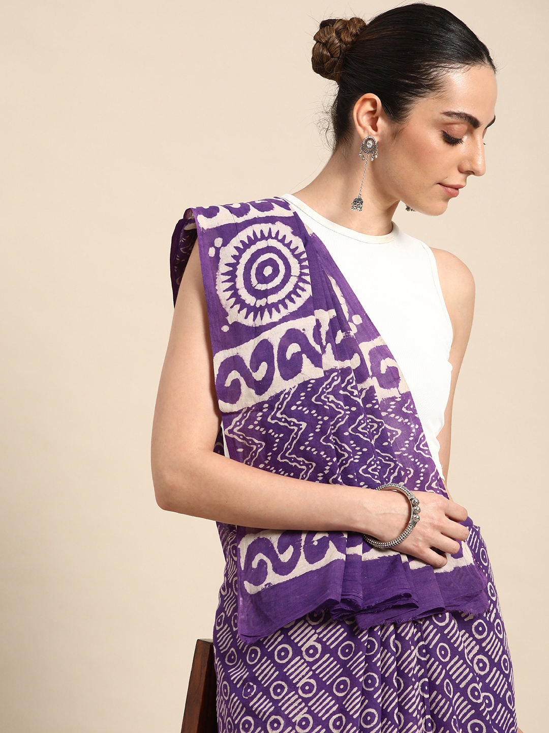 

Taavi Printed Pure Cotton Block Print Saree, Purple