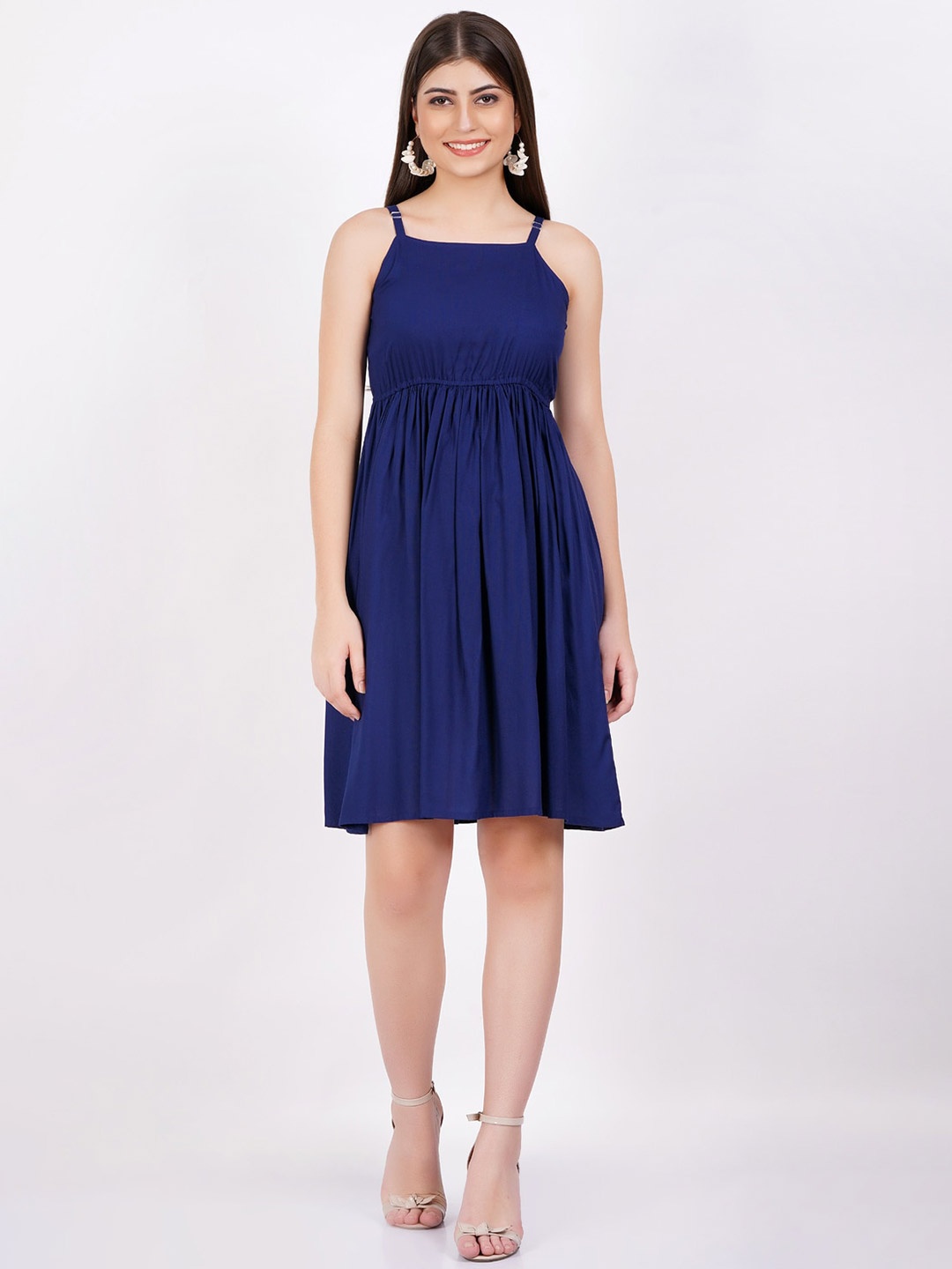 

DRESSAR Shoulder Strap Gathered Fit & Flare Dress, Blue