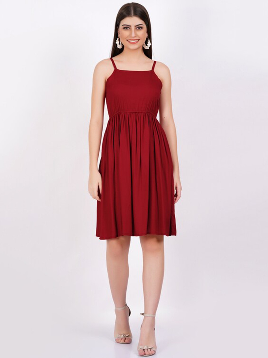 

DRESSAR Shoulder Straps Gathered Liva Fit & Flare Dress, Maroon