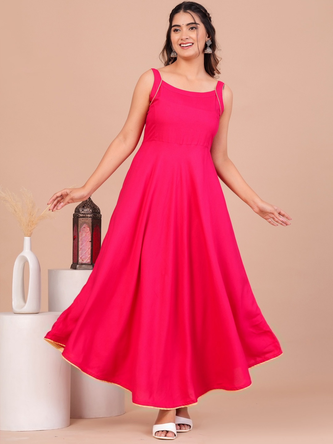 

DRESSAR Shoulder Straps Fit & Flare Maxi Dress, Pink