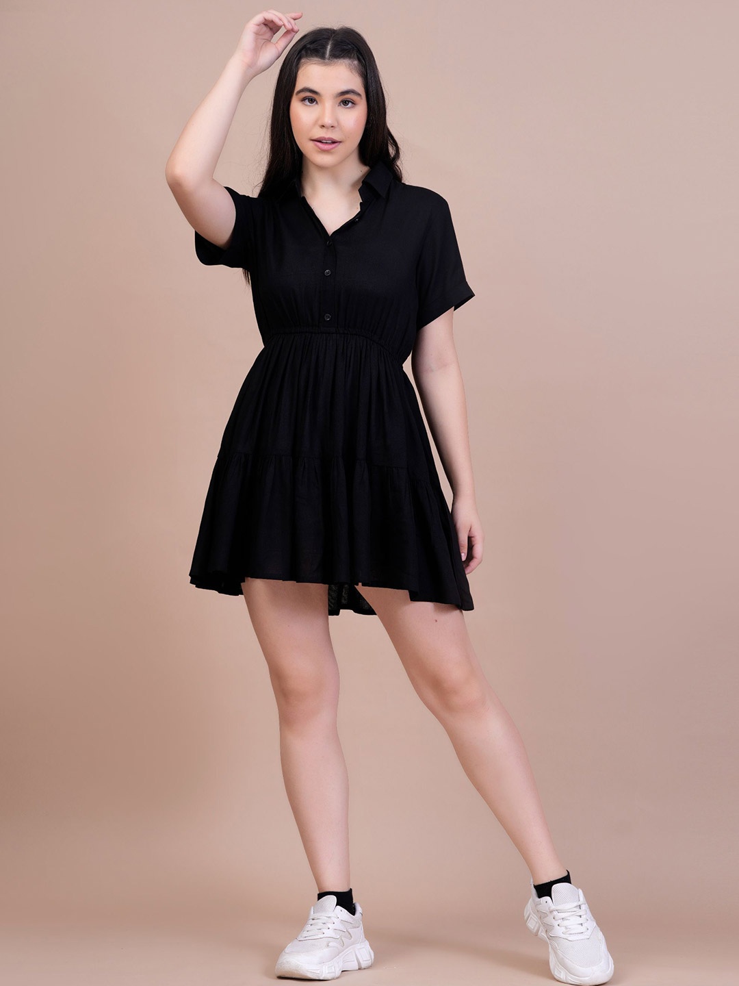 

DRESSAR Shirt Collar Gathered Liva Fit & Flare Mini Dress, Black