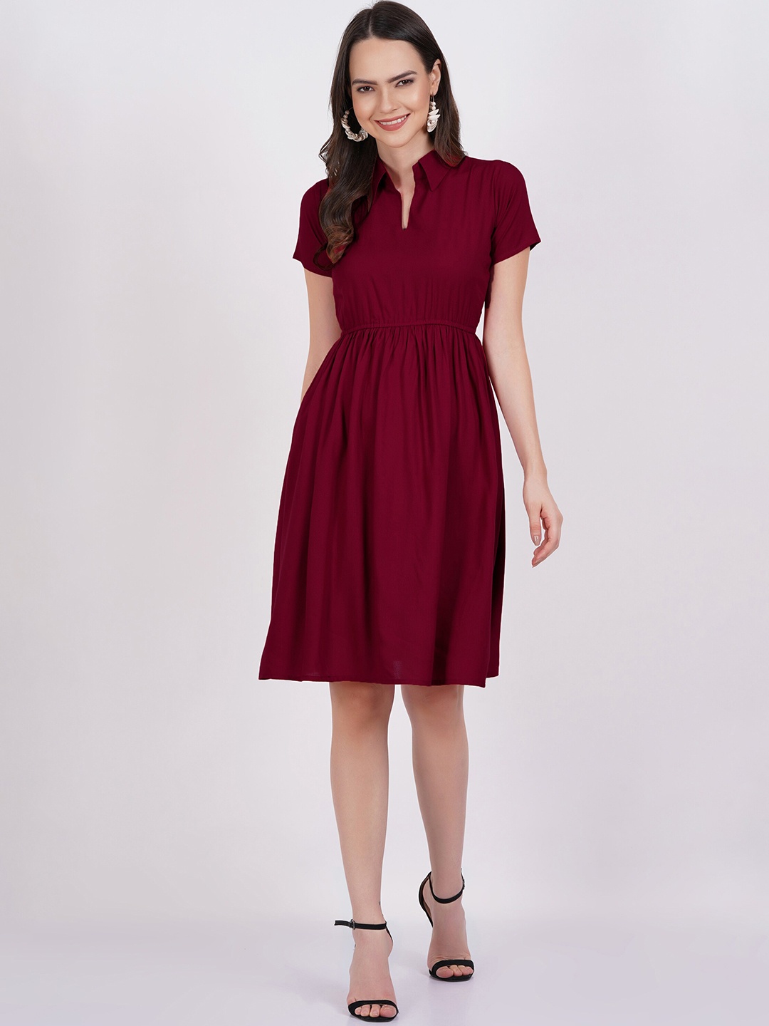 

DRESSAR Shirt Collar Gathered Fit & Flare Dress, Maroon