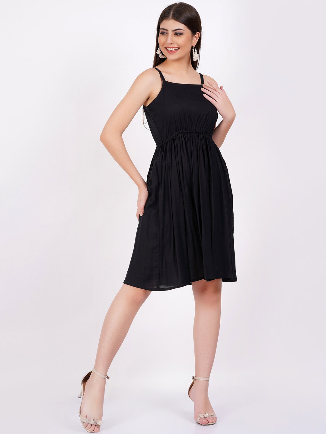 

DRESSAR Shoulder Straps Gathered Fit & Flare Dress, Black