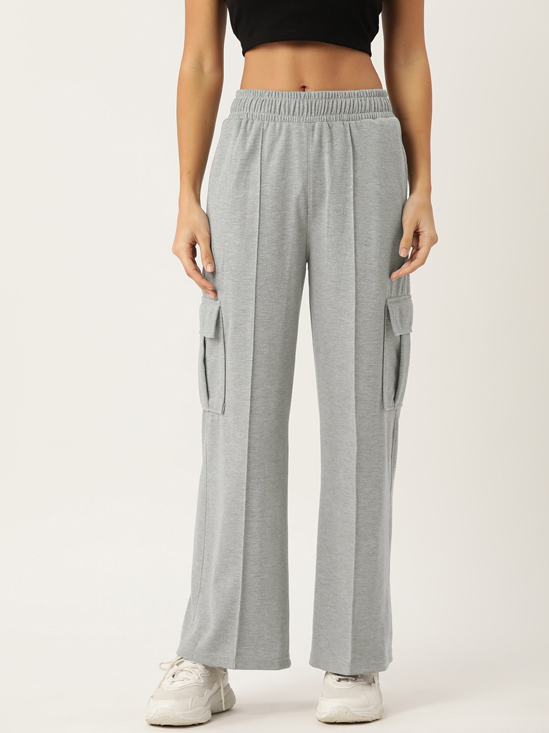 

FEMEA Women Solid Cargo Wide Leg Track Pants, Grey