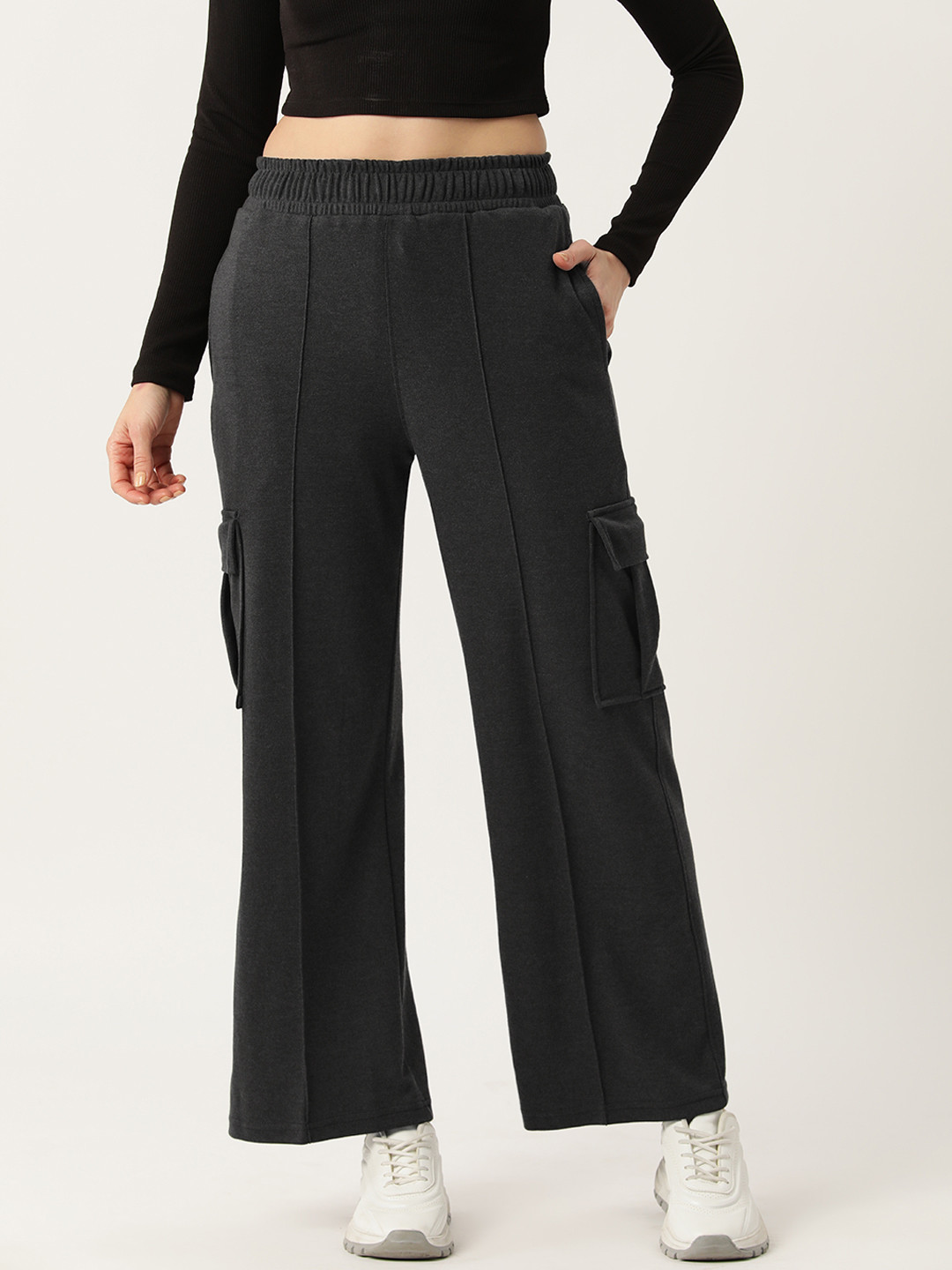 

FEMEA Women Solid Cargo Wide Leg Track Pants, Charcoal