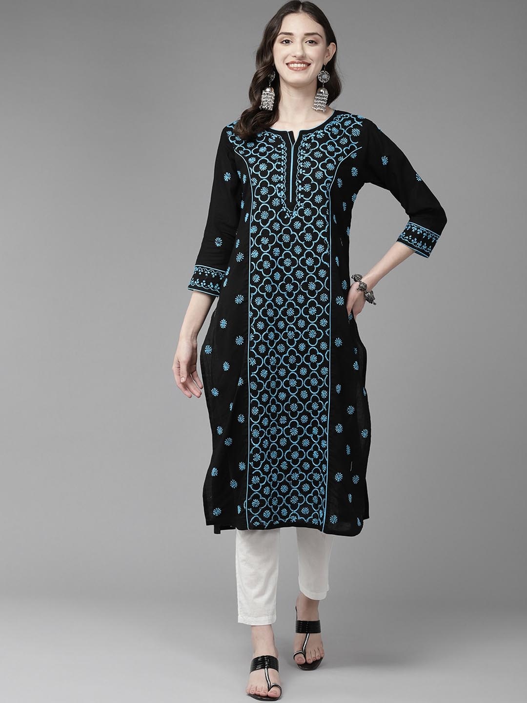 

ADA Ethnic Motifs Embroidered Round Neck Lucknowi Chikankari Cotton Straight Kurta, Black