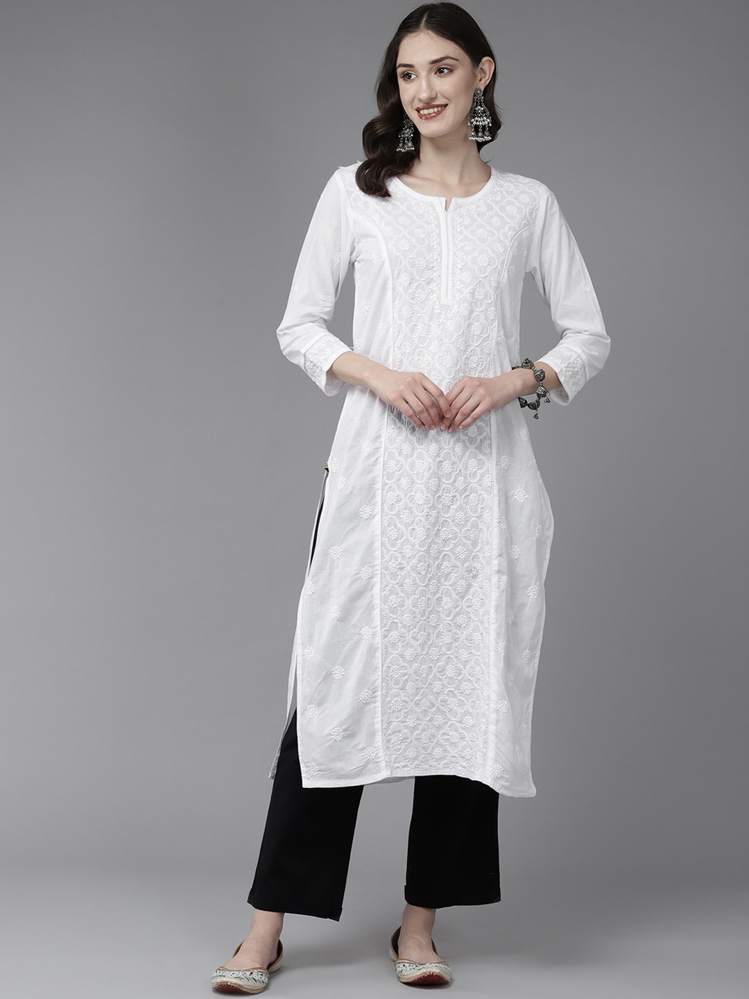 

ADA Ethnic Motifs Lucknowi Chikankari Embroidered Regular Cotton Kurta, White