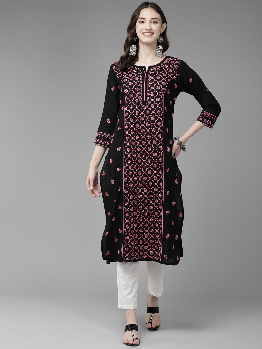 

ADA Women Ethnic Motifs Embroidered Chikankari Kurta, Black