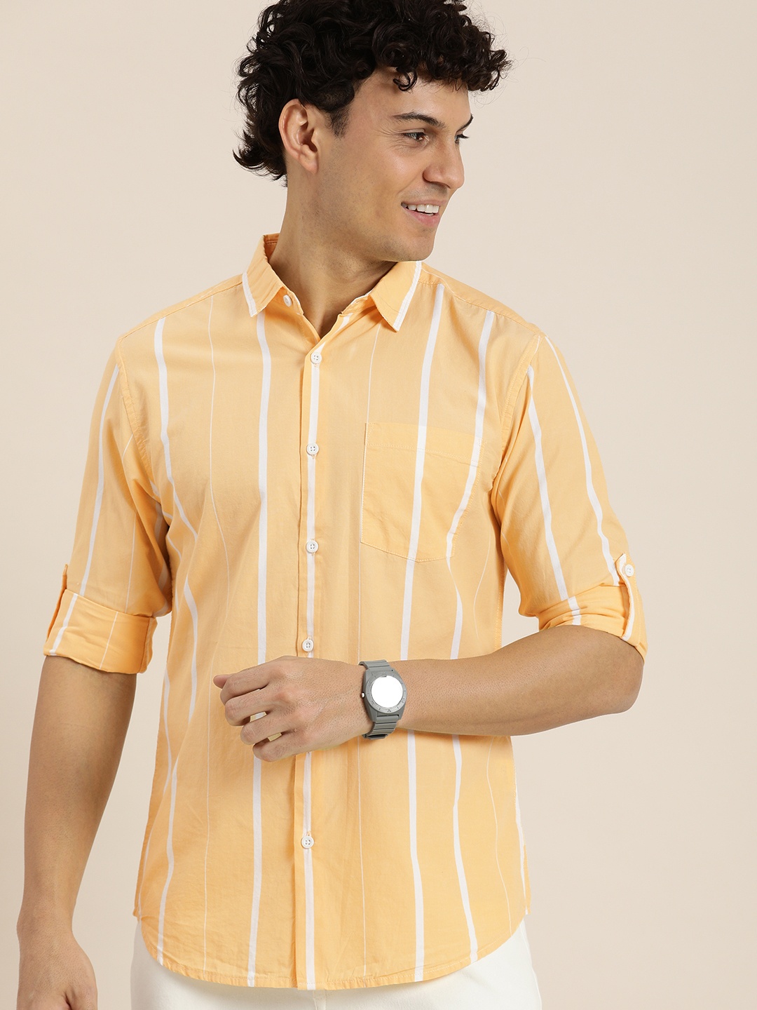 

HERE&NOW Men Slim Fit Striped Casual Shirt, Yellow