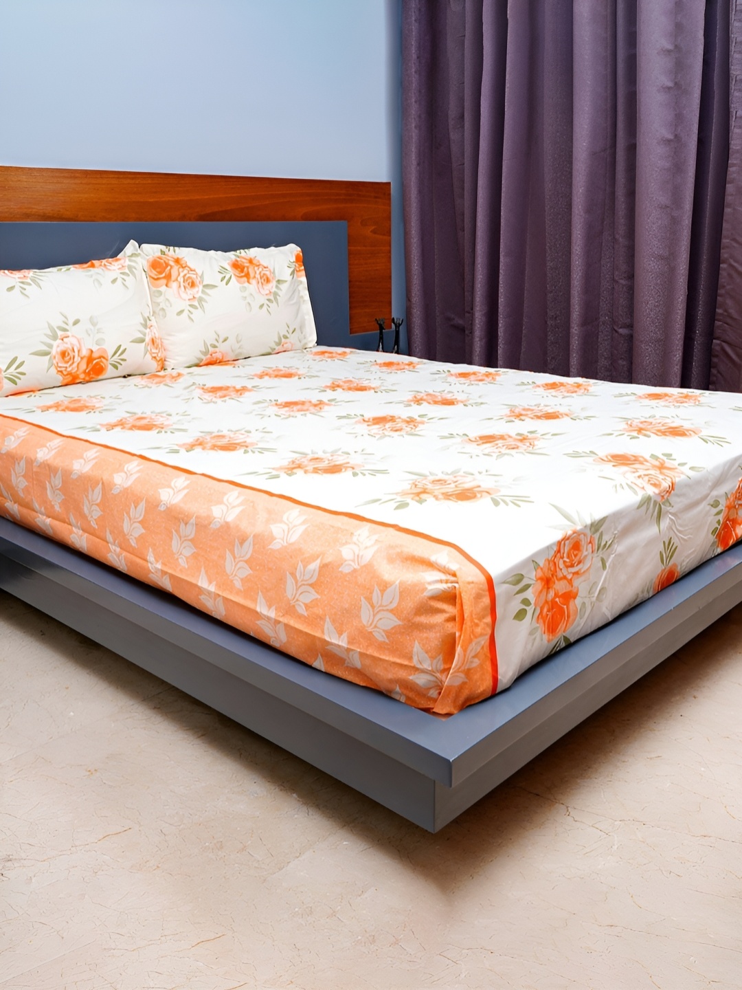 

inizio Orange Floral Cotton 220 TC Queen Bedsheet With 2 Pillow Covers