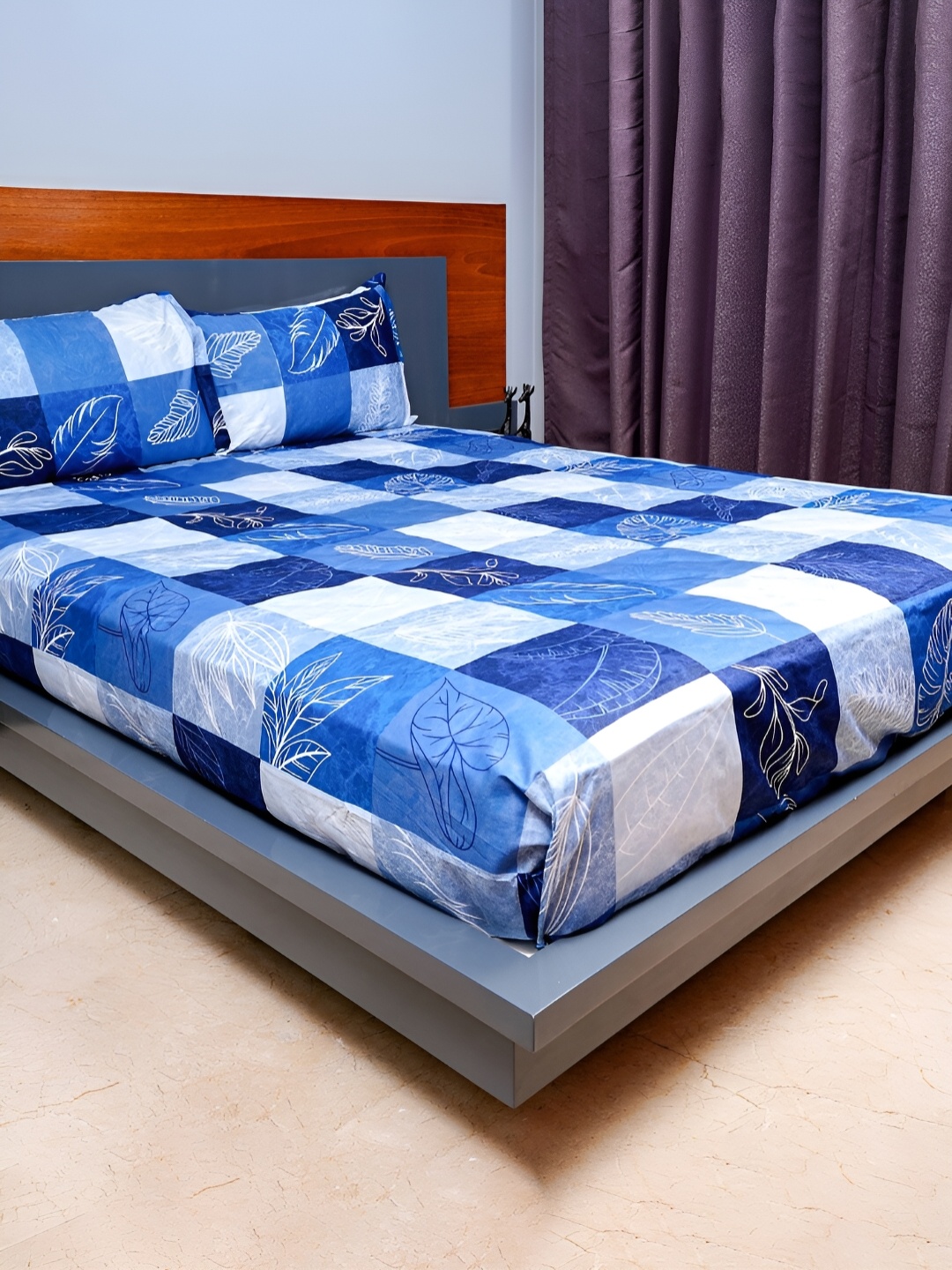 

inizio Blue & White Floral Cotton 220 TC Queen Bedsheet with 2 Pillow Covers