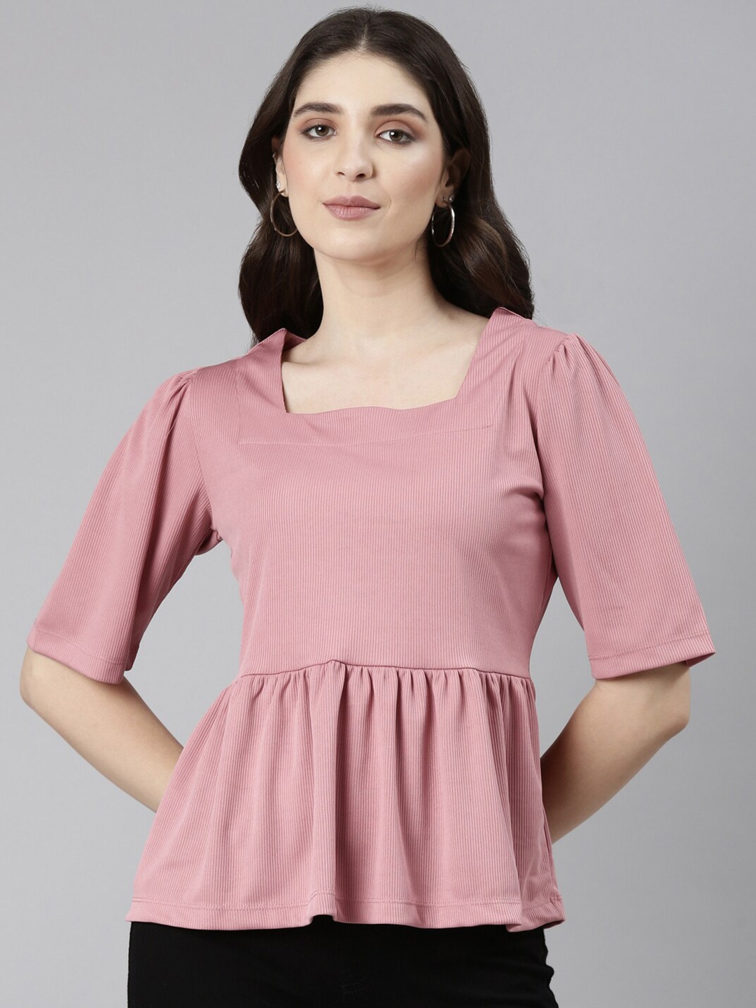 

TWIN BIRDS Puff Sleeve Peplum Top, Pink