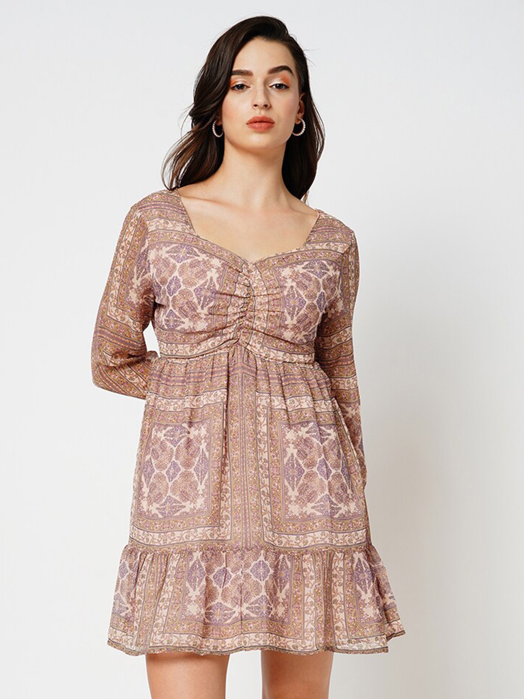 

ONLY Ethnic Motifs Printed Gathered Flounce Fit & Flare Mini Dress, Brown
