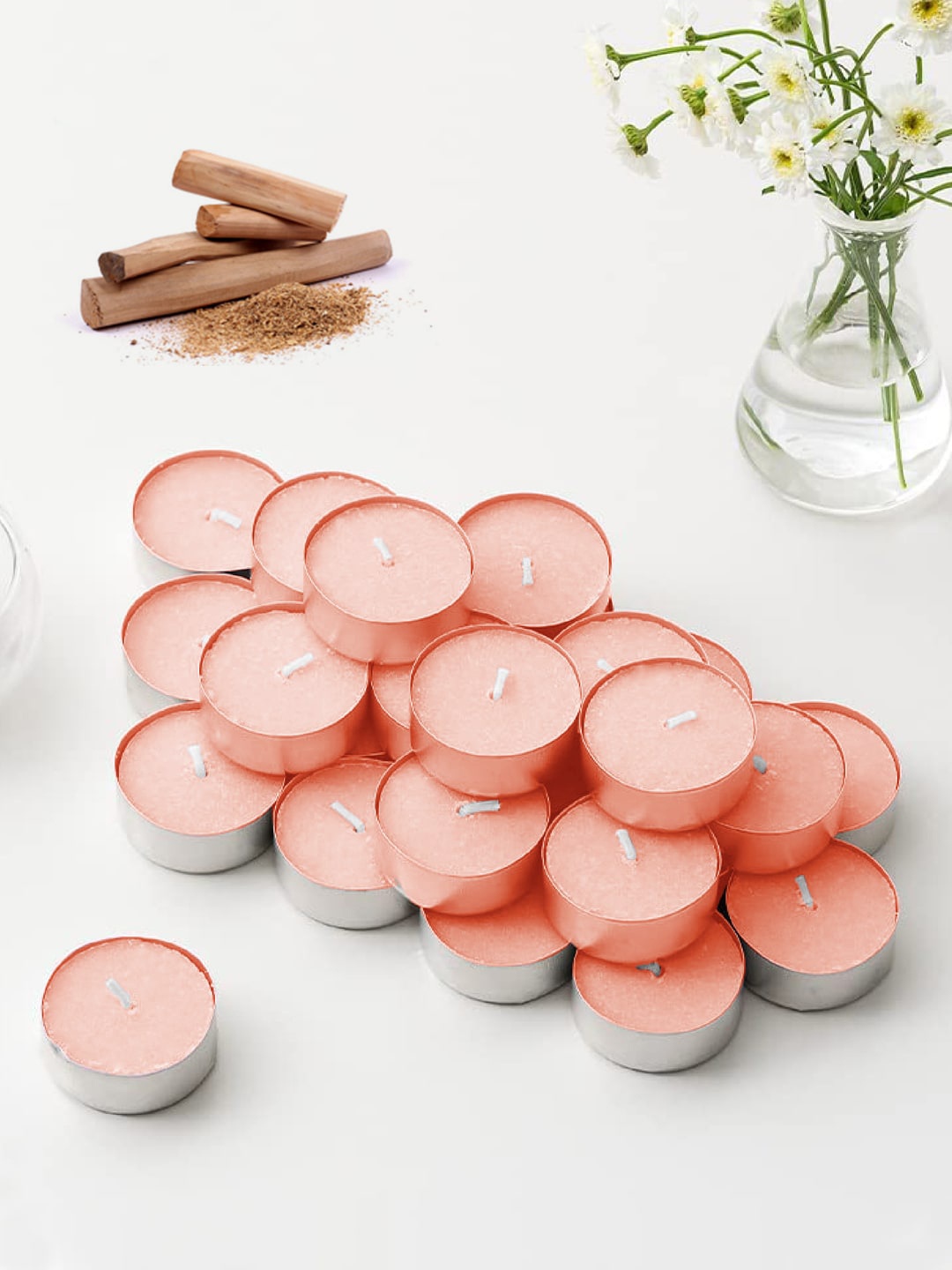 

ThinkArtDecor Peach 12 Pieces Sandalwood scented Tealight Candles