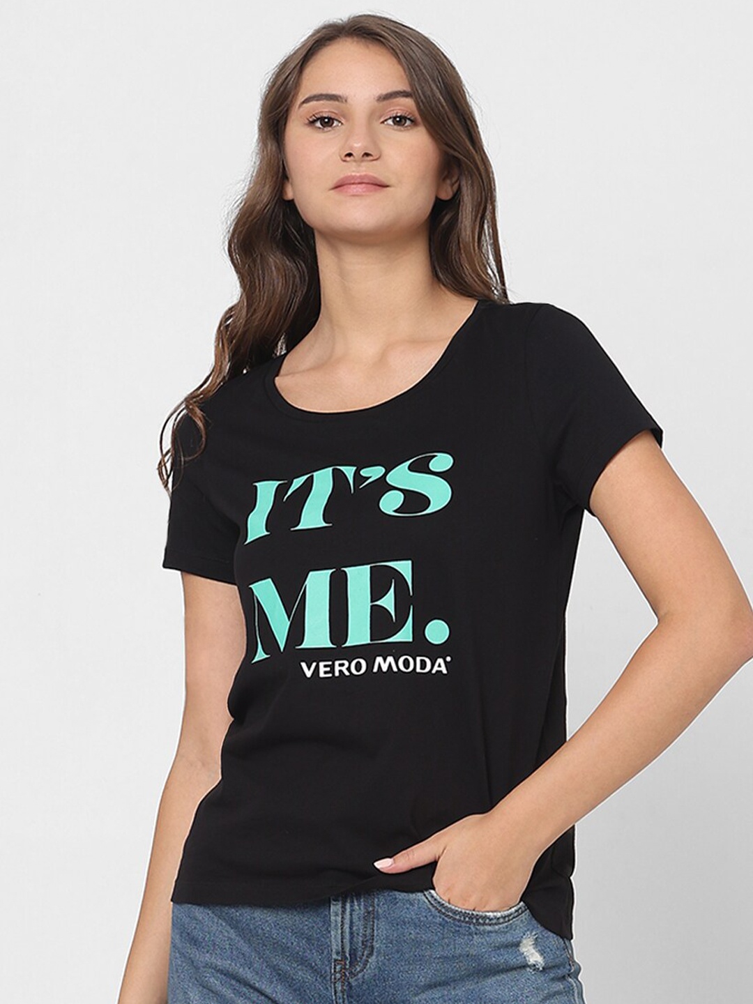 

Vero Moda Typography Printed Pure Cotton T-shirt, Black