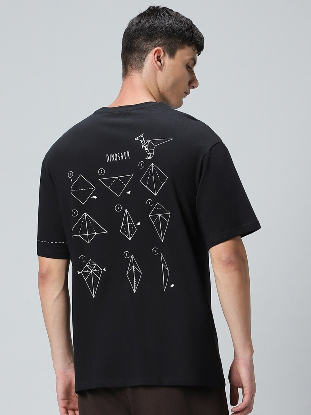 

Bewakoof Black Geometric Printed Drop-Shoulder Sleeves Oversized Cotton T-shirt
