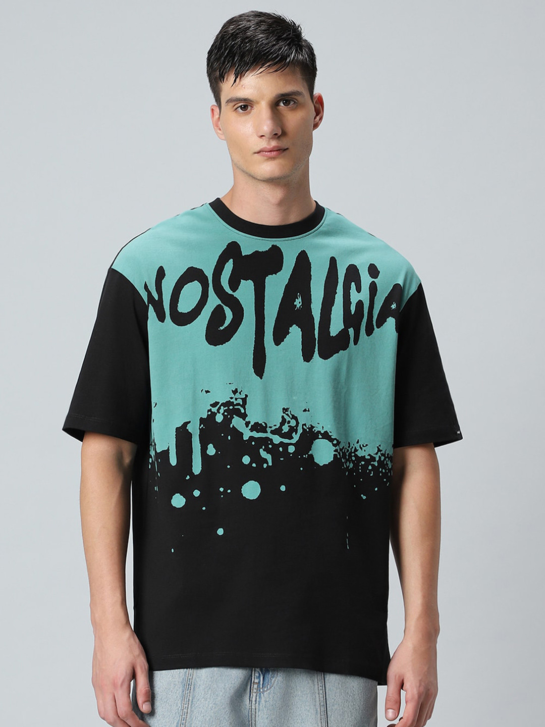 

Bewakoof Typography Printed Drop-Shoulder Sleeves Oversized Cotton T-shirt, Black