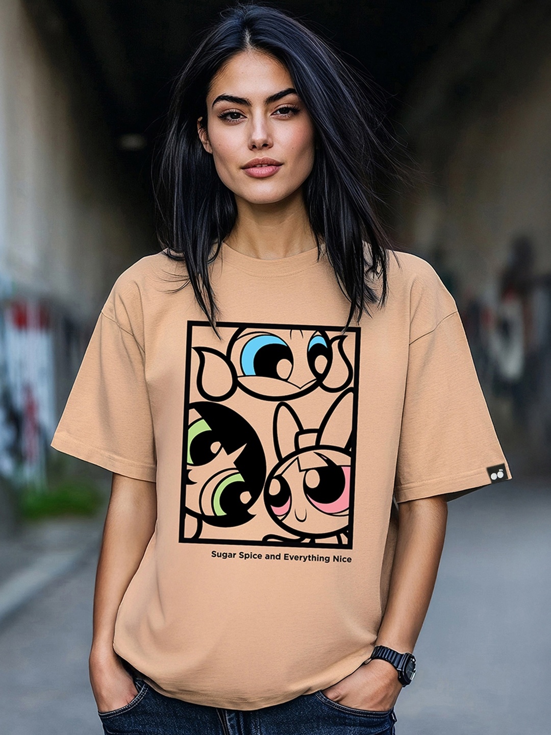 

Bewakoof Brown Powerpuff Girls Printed Round Neck Short Sleeves Cotton Oversized T-shirt