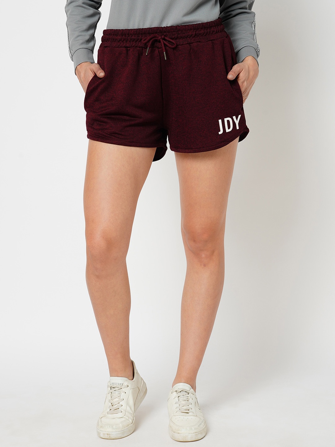 ONLY Women Typography Printed High-Rise Sports Shorts, Maroon